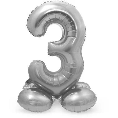 Cijfer Ballon Zilver 3 Met Standaard - 72 cm