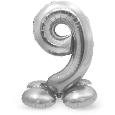 Cijfer Ballon Zilver 9 Met Standaard - 72 cm