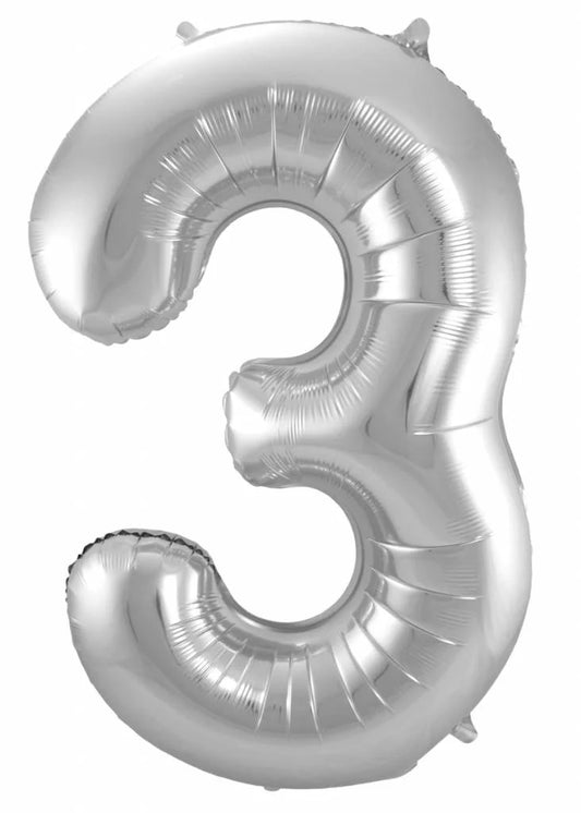 Cijfer Ballon Zilver 3 - 86cm