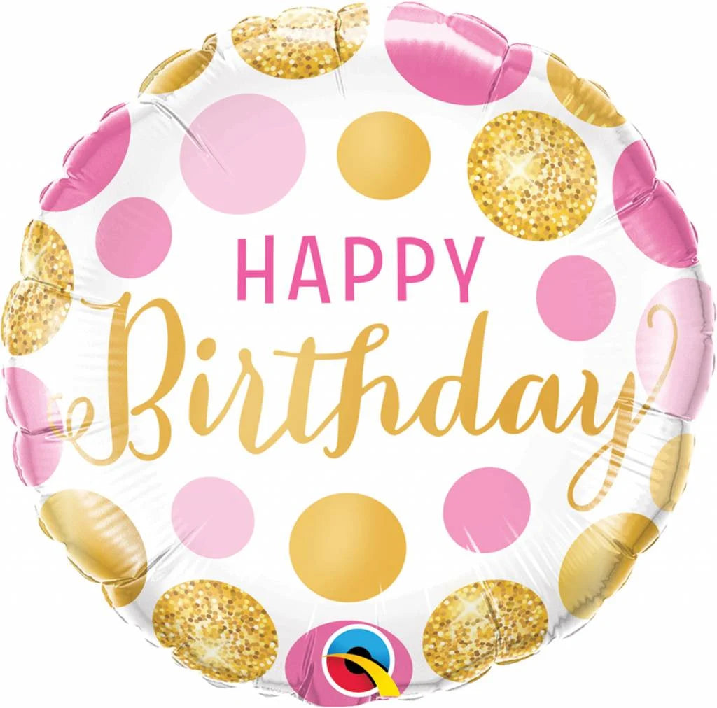 Folie Ballon Happy Birthday Goud & Roze Stippen 45cm - Per Stuk